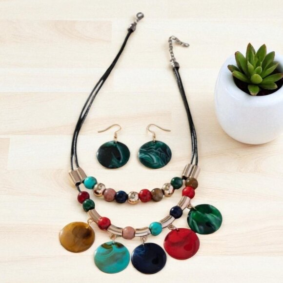 Jewelry - Colorful Boho Statement Necklace & Earrings Set Chunky Beaded Resin Pendant Jewe